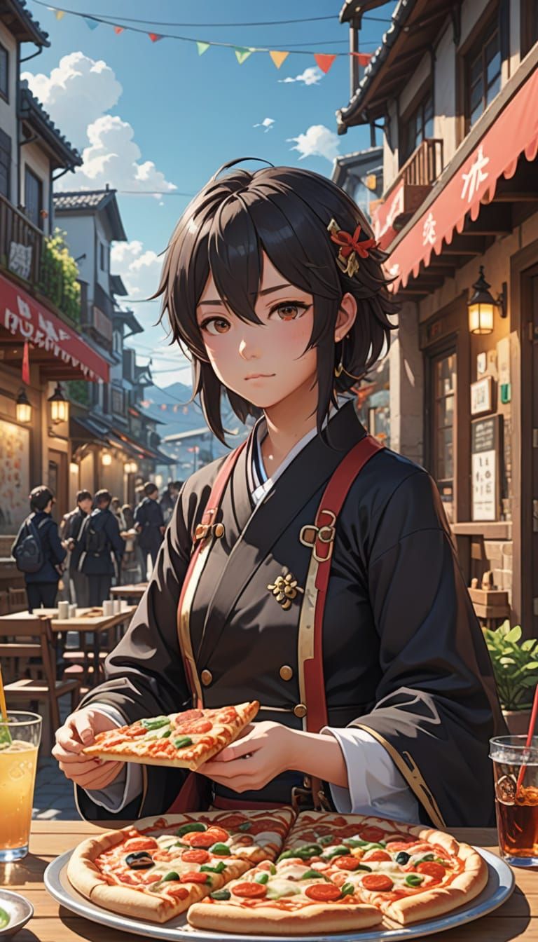 Anime Character Enjoys Pizza in 3D Art