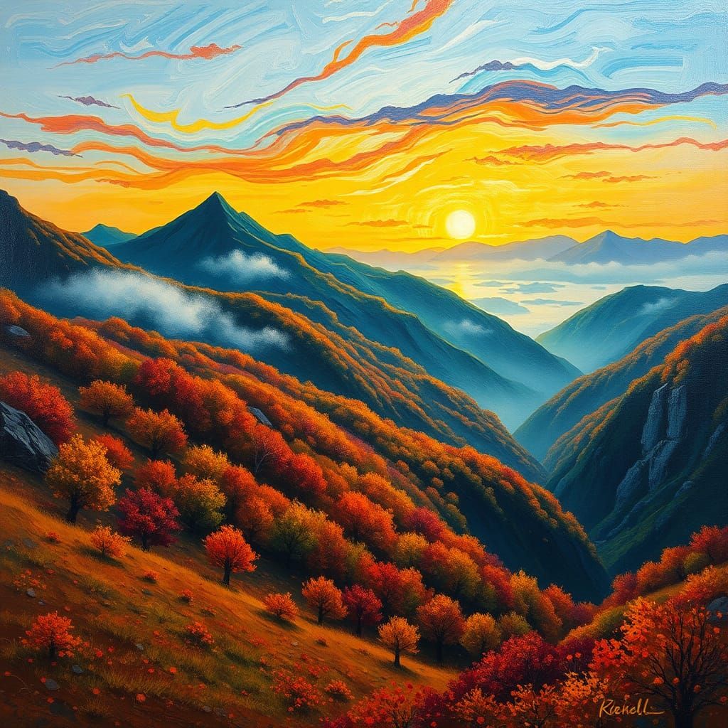 Autumn Sunrise Mountain Landscape in Impasto Style