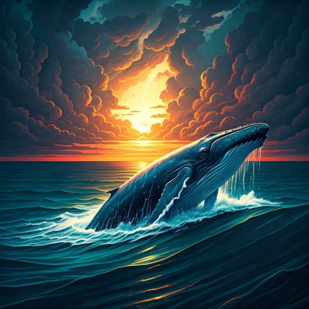 Majestic Whale Breaching Ocean Surface at Sunset