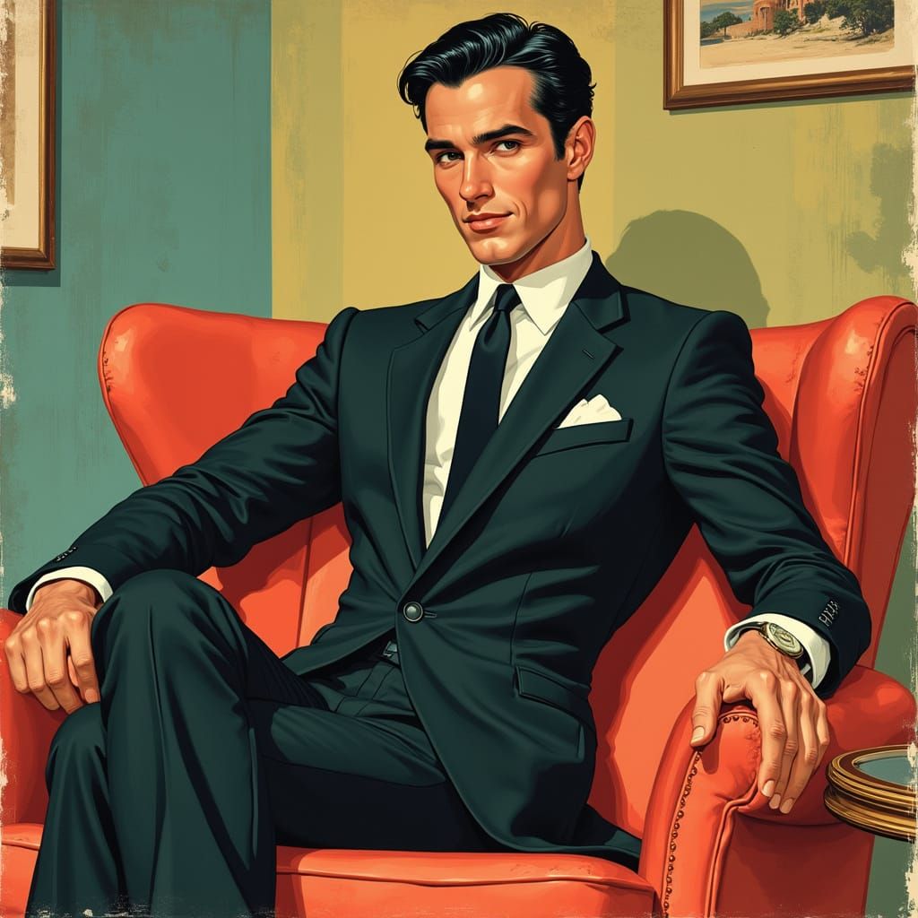 Sleek 1960s Ad Executive in Bold Art Deco Style