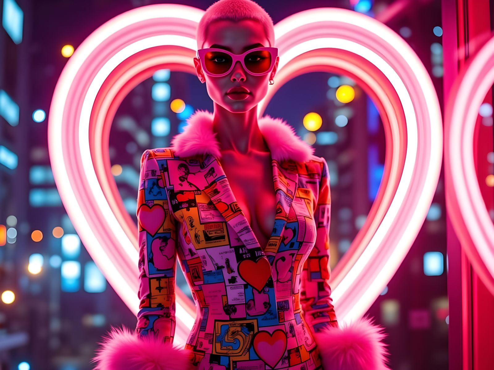 Glamorous Woman in Neon Heart Backdrop