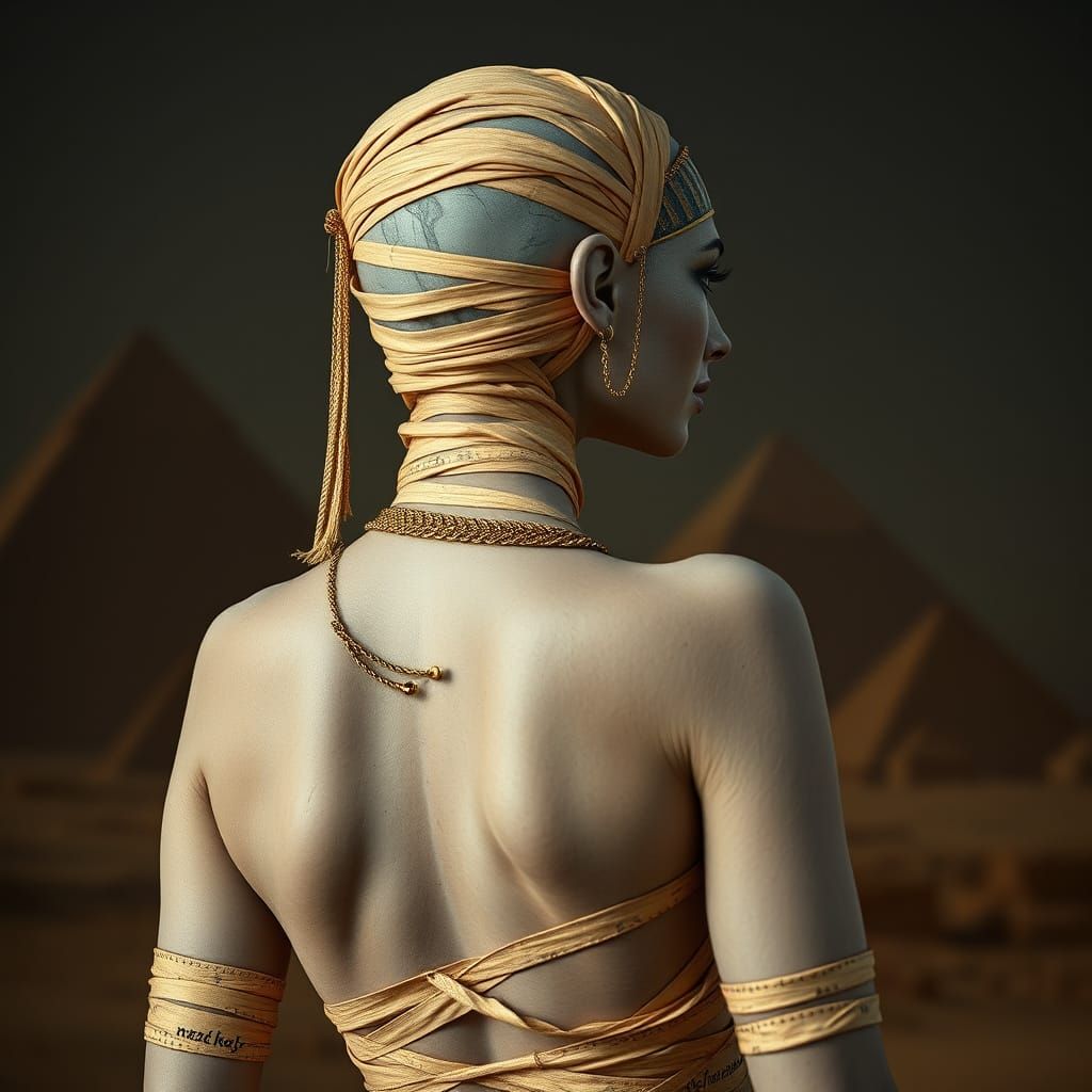 Surreal Pharaoh Mummy Woman in Papyrus Bandages with Gen-Z V...