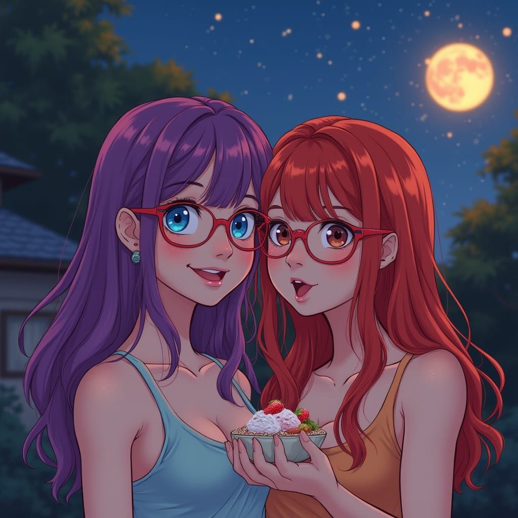 Women Sharing Mochi Under Strawberry Moon, Digital Art