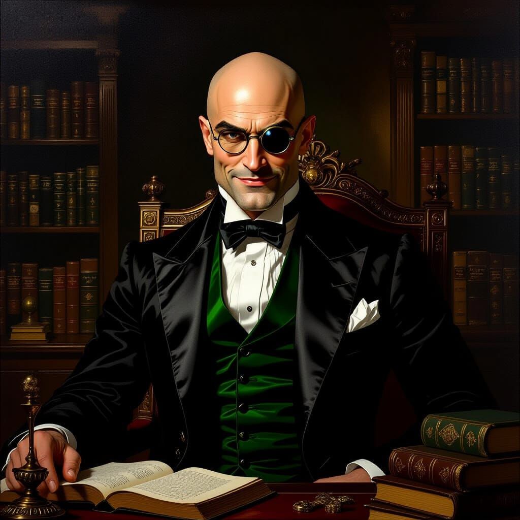 Bald Villain Monocle Black Green Suit Baroque Style