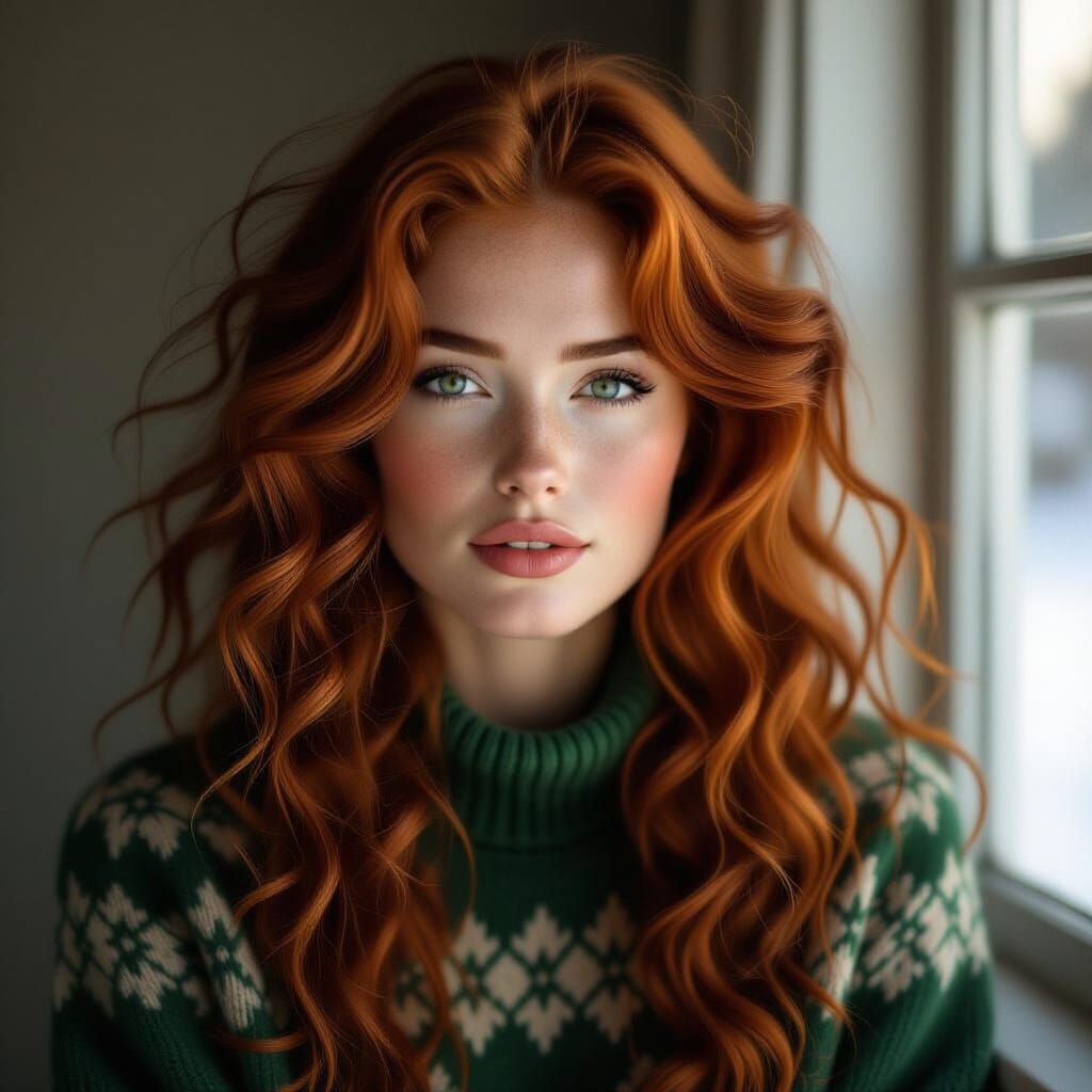 Mysterious Woman in Green Wool Sweater, Moody Portrait