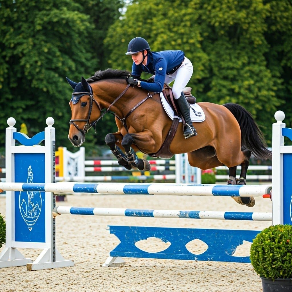 Horse Jumps Hurdles at Equestrian Competition