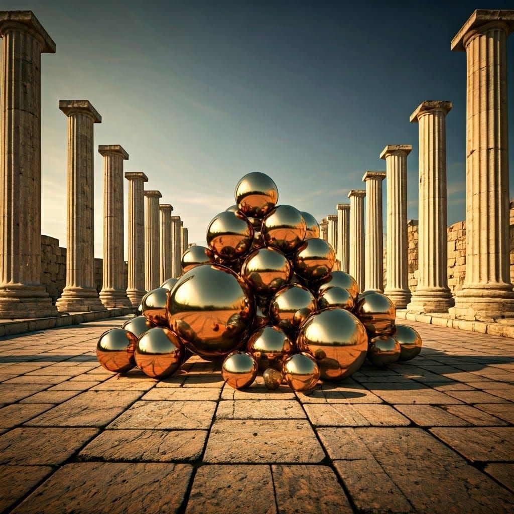 Ancient Greek Temple Setting for Glittering Metallic Spheres