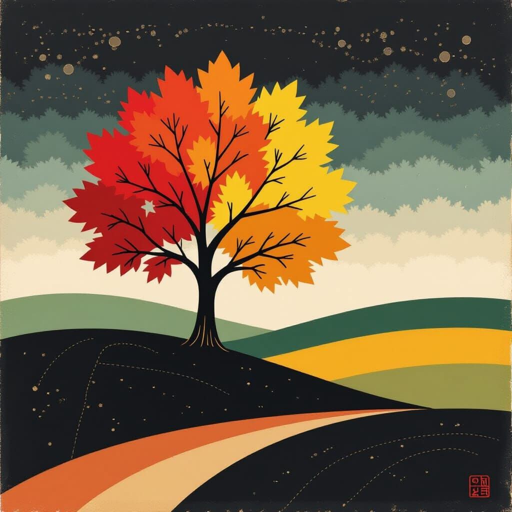 Cartoon Maple Tree in Modern Ink Painting Style