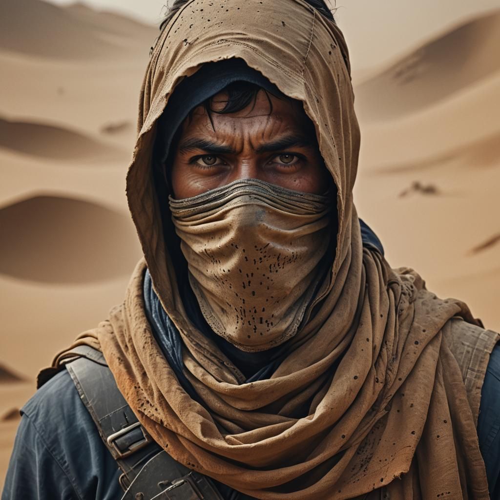 Nomad Portrait in Sandstorm with Intense Gaze