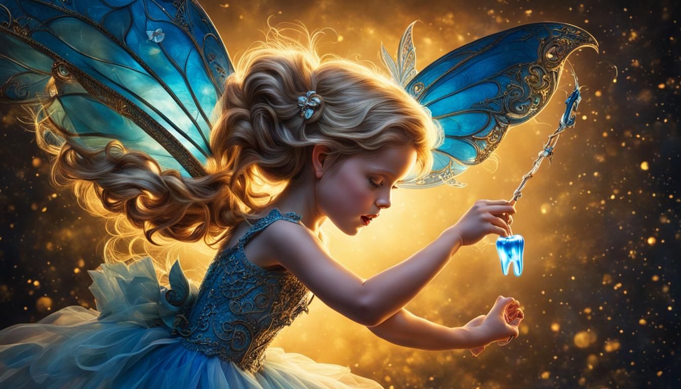 Tooth Fairy Pulling a Blue Tooth, Dramatic Lighting