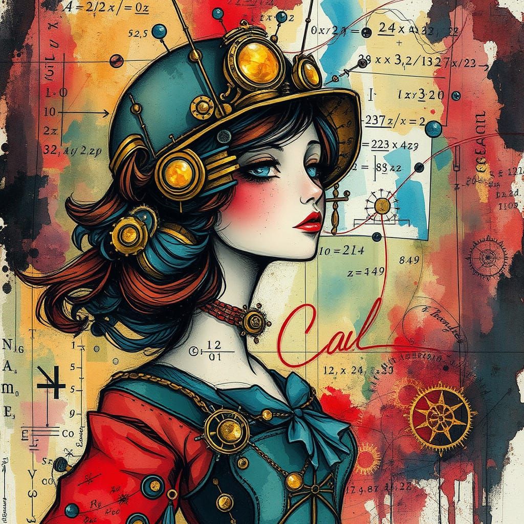 Whimsical Steampunk Woman Amidst Mathematical Secrets