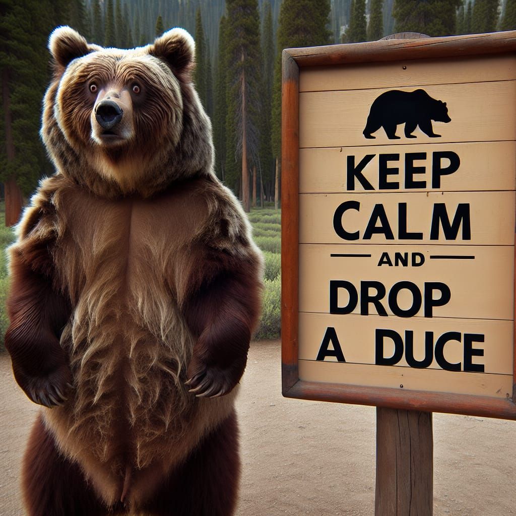 Humorous Grizzly Bear with a Funny Sign