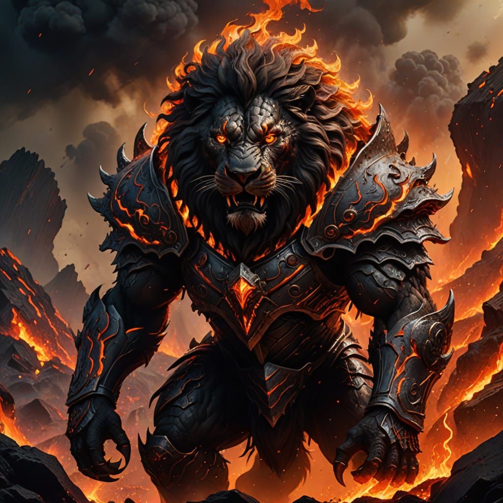 Dark Fantasy Lion Warrior in Epic Apocalyptic Landscape