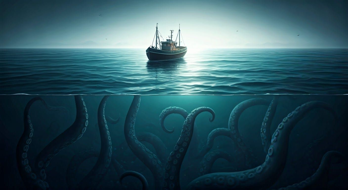 Tentacled Sea Monster Emerges from Dark Depths