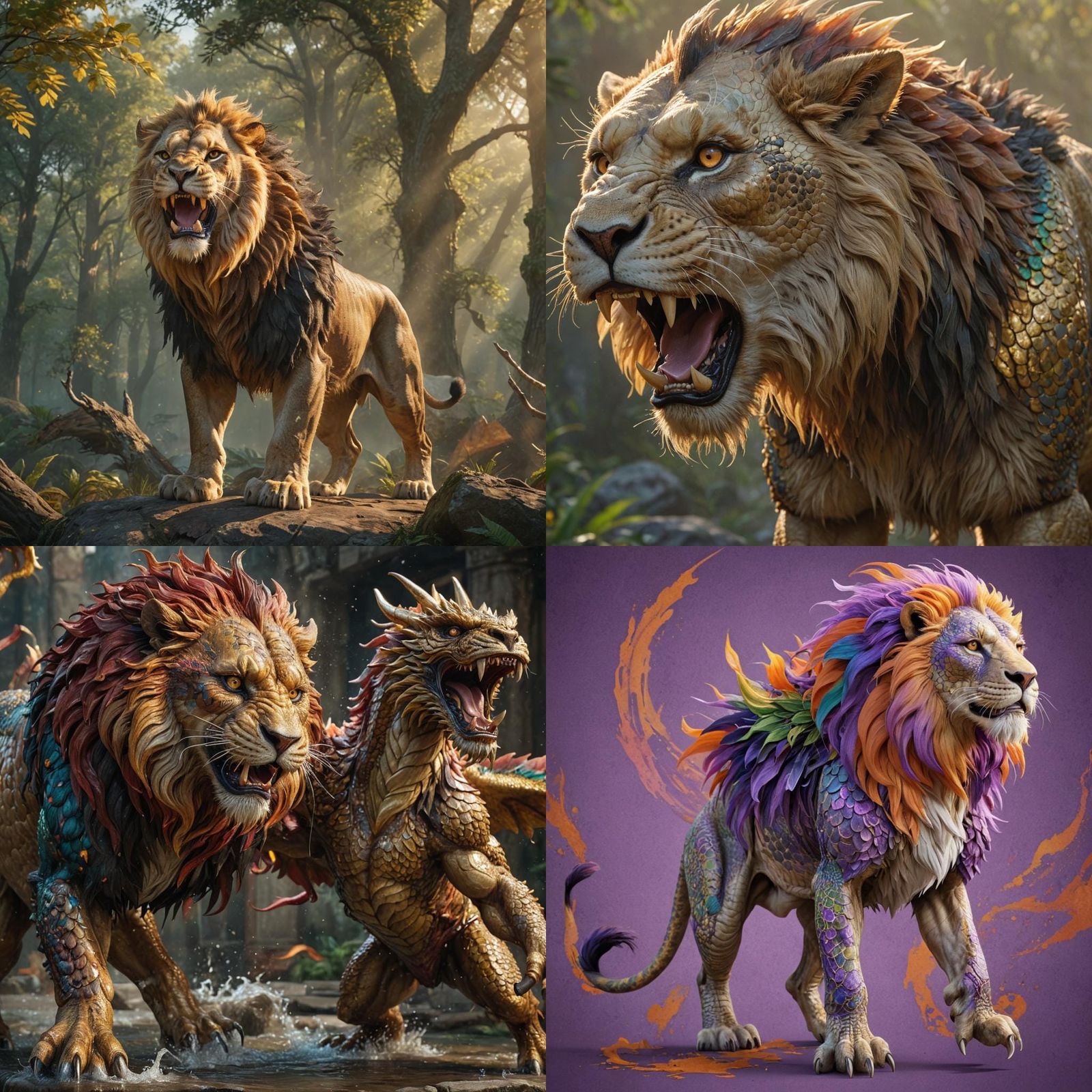 Hyperrealistic Lion and Dragon Combination in Splash Art Sty...