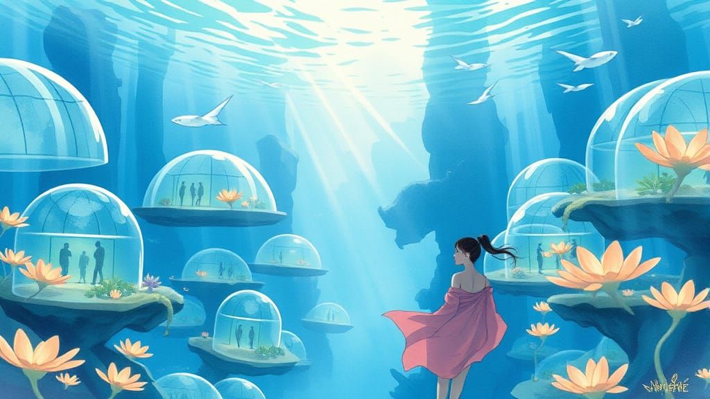 Underwater City with Bioluminescent Flora in Watercolor Styl...