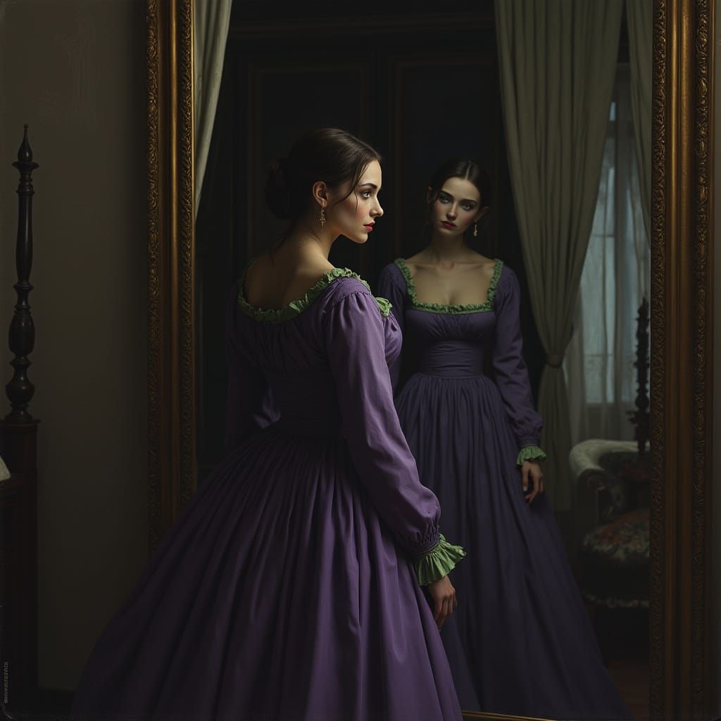 Baroque Painting of Woman's Eerie Reflection in Grand Mirror