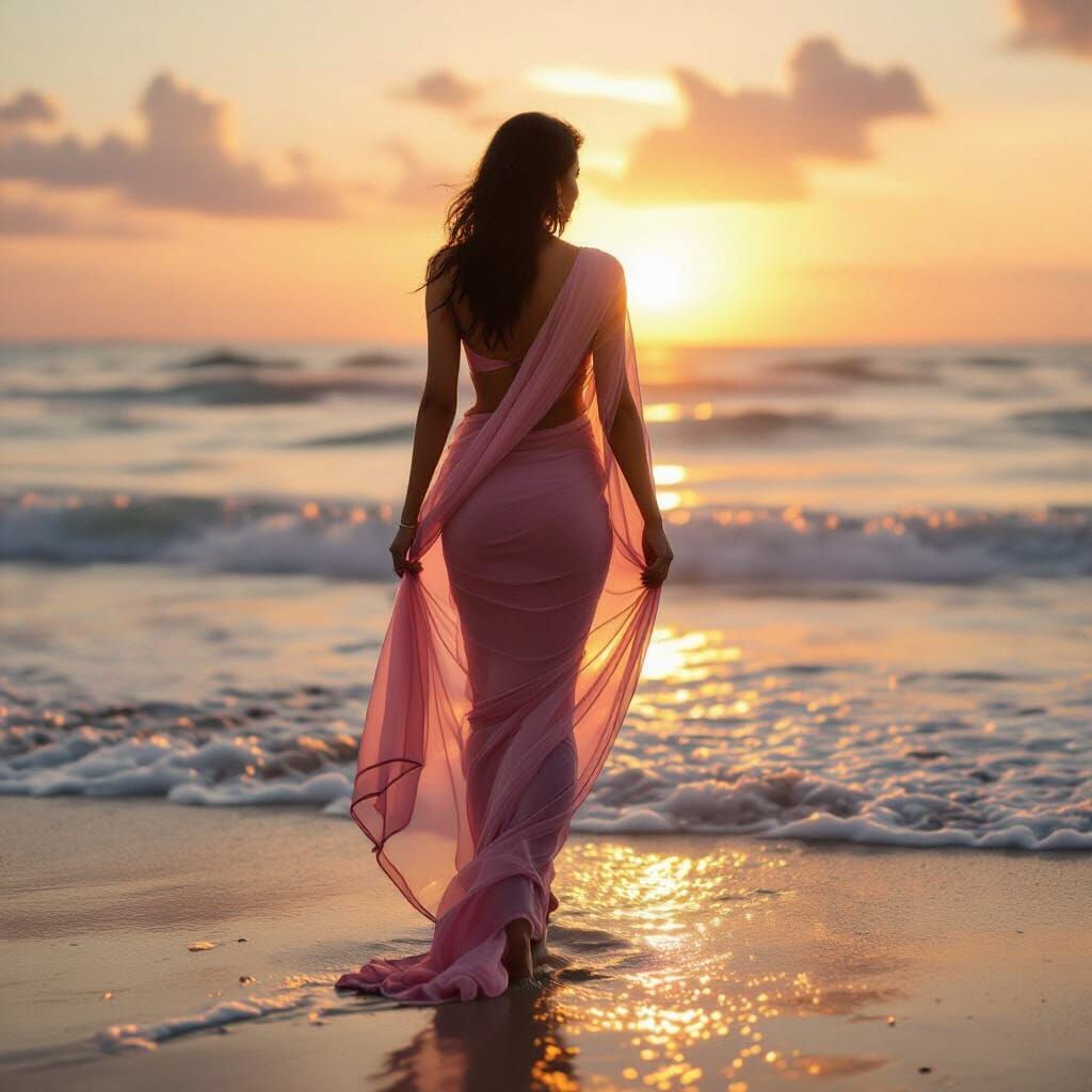 Woman in Wet Pink Saree on Tropical Beach at Sunset