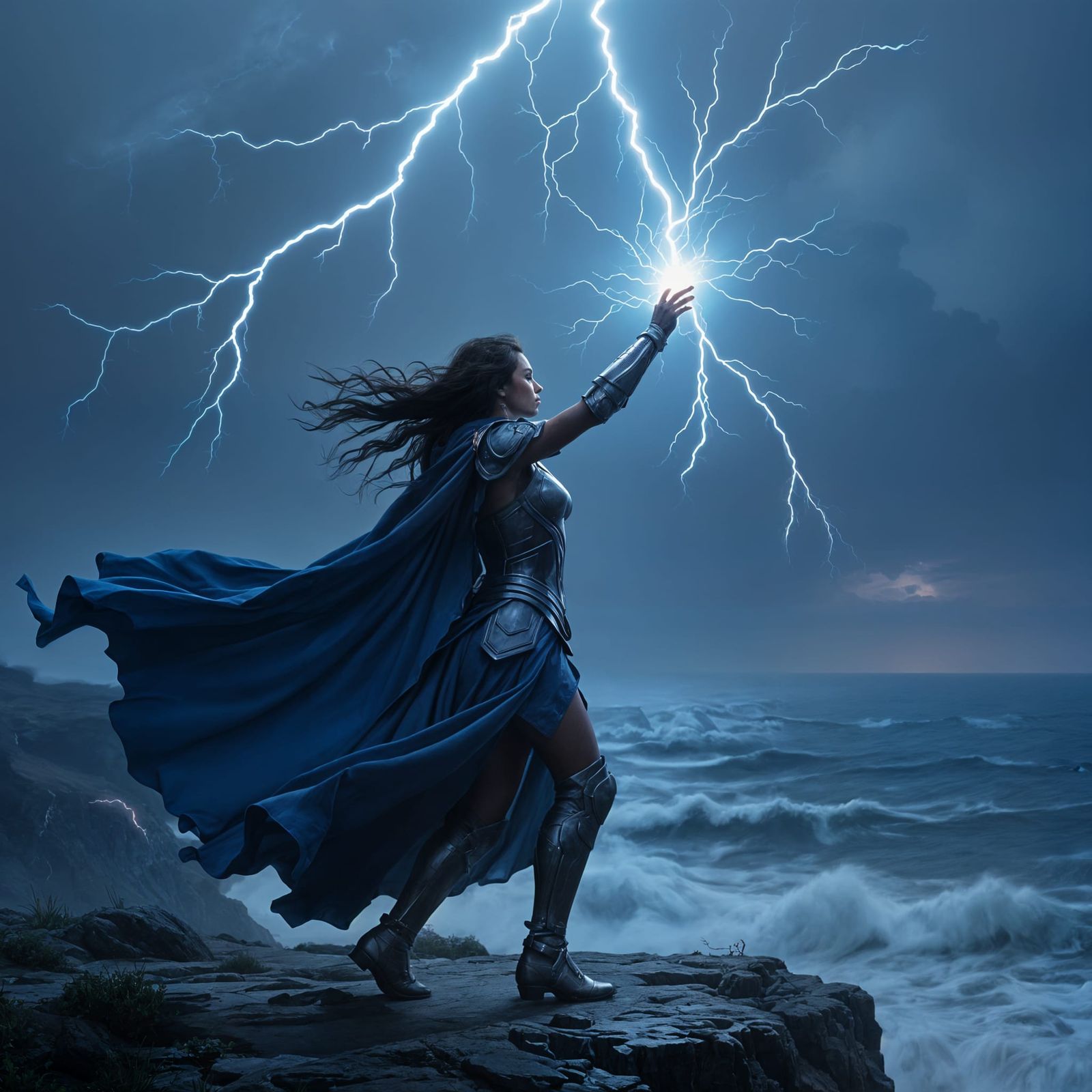 Sorceress Summons Lightning Over Stormy Sea in Cinematic Sty...