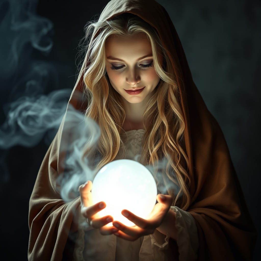 Serene Witch Cradles Glowing Crystal Ball in Ethereal Aura