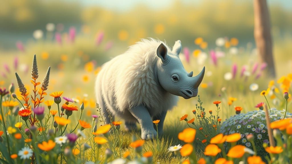 Whimsical Rhinoceros in a Sunlit Meadow