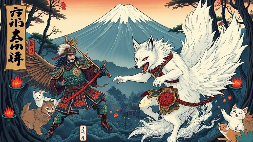 Majestic KITSUNE Battles Samurai in Whimsical Japanese Fanta...