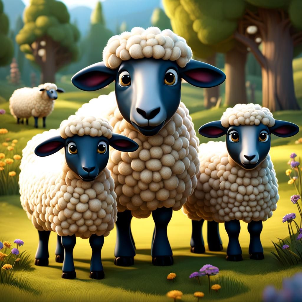 Cartoon Sheep Family: Detailed Digital Painting