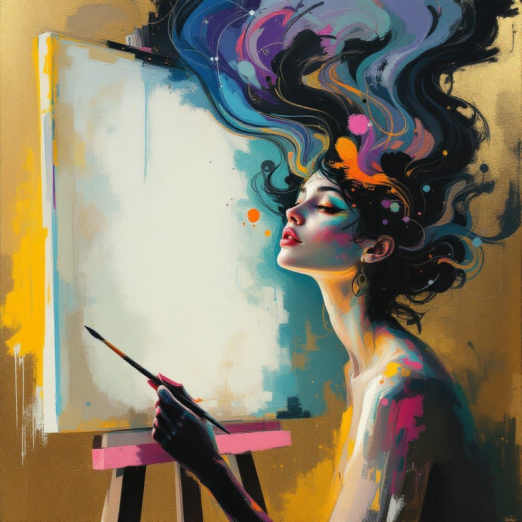 Ethereal Woman Contemplating Empty Canvas in Abstract Style