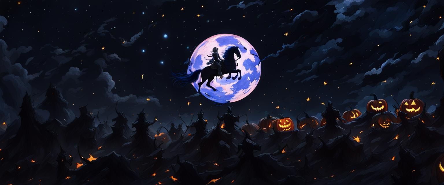 Dark Fantasy Knight Rides Under Pumpkin Moon