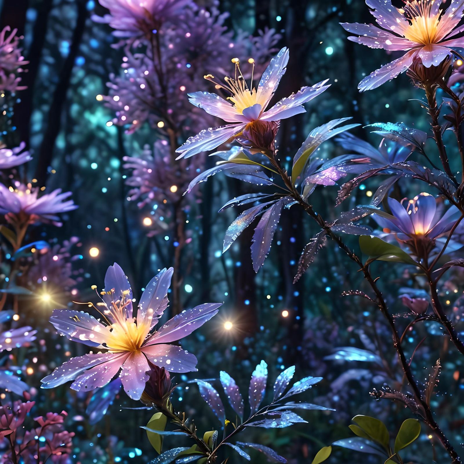 Glowing Firefly in Holographic Fantasy Forest