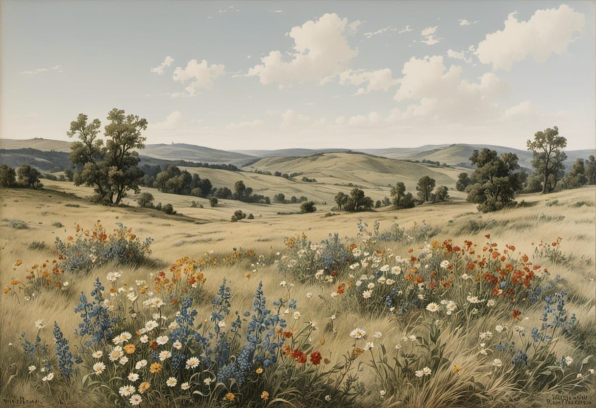 Vintage Landscape of Wildflowers and Foothills