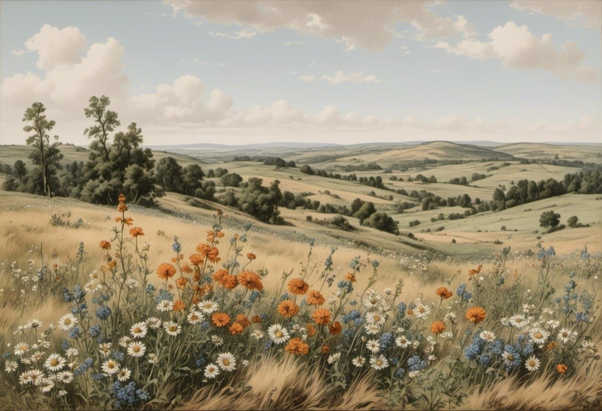 Vintage Wildflower Landscape with Foothills