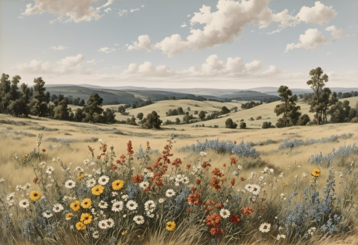 Vintage Landscape of Wildflowers and Foothills