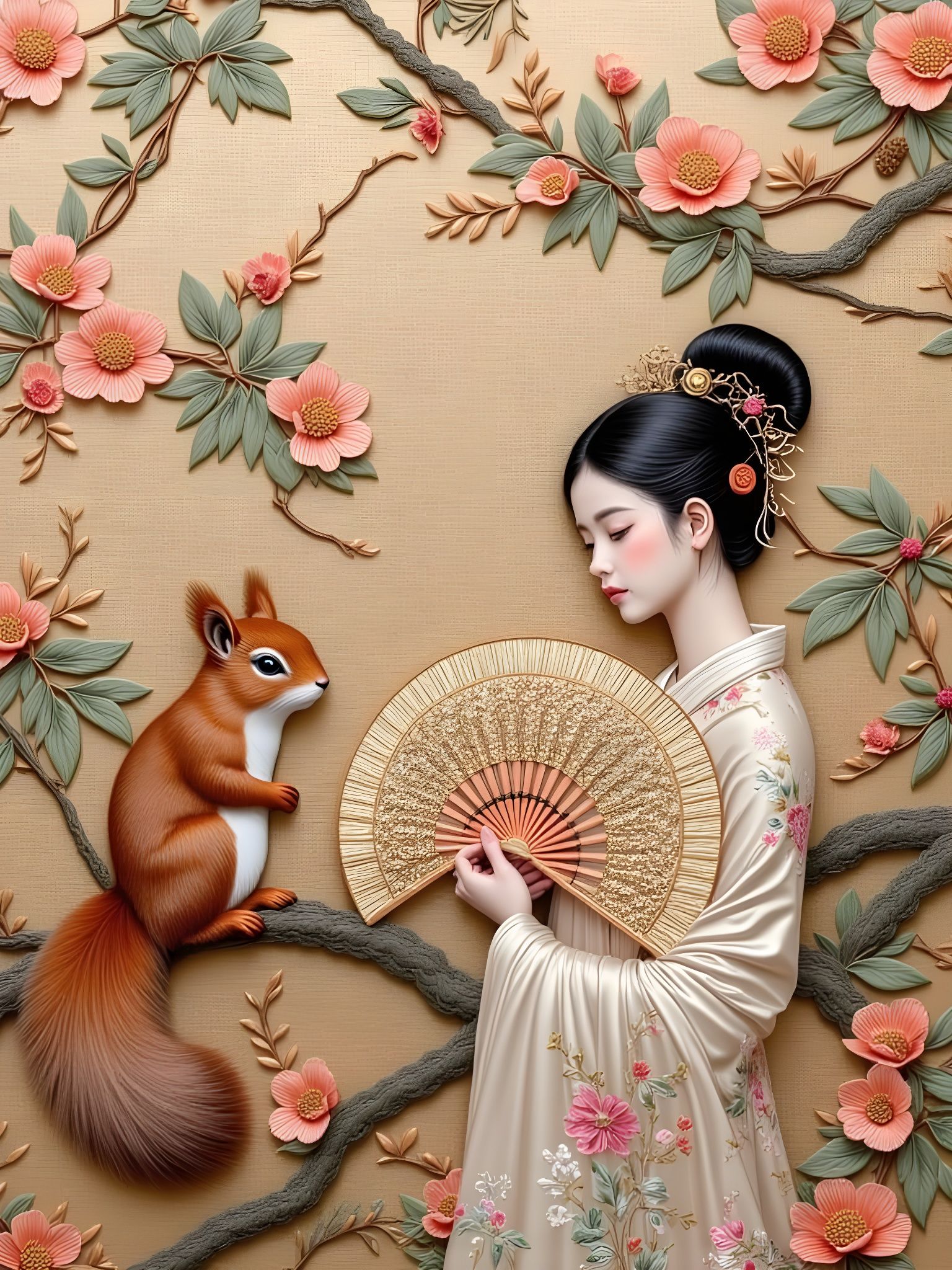 Squirrel and Princess in Chinese Silk Embroidery