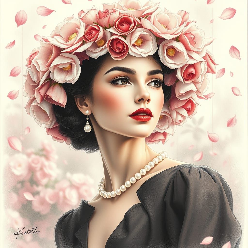 Elegant Woman in Rose Petal Hat with Pearlescent Shimmer