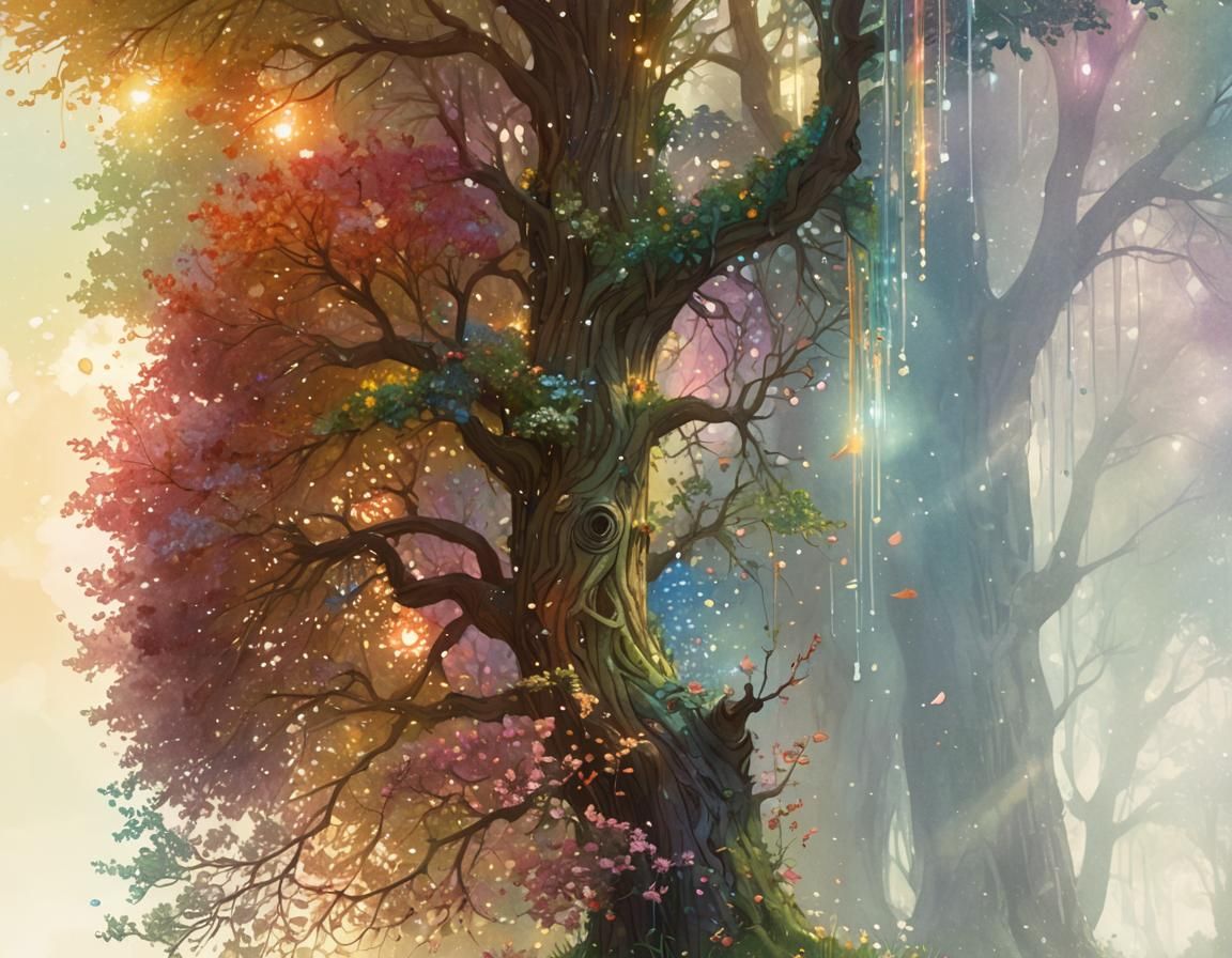 Rainbow Tree with Crystal Flowers in Dreamy Meadow