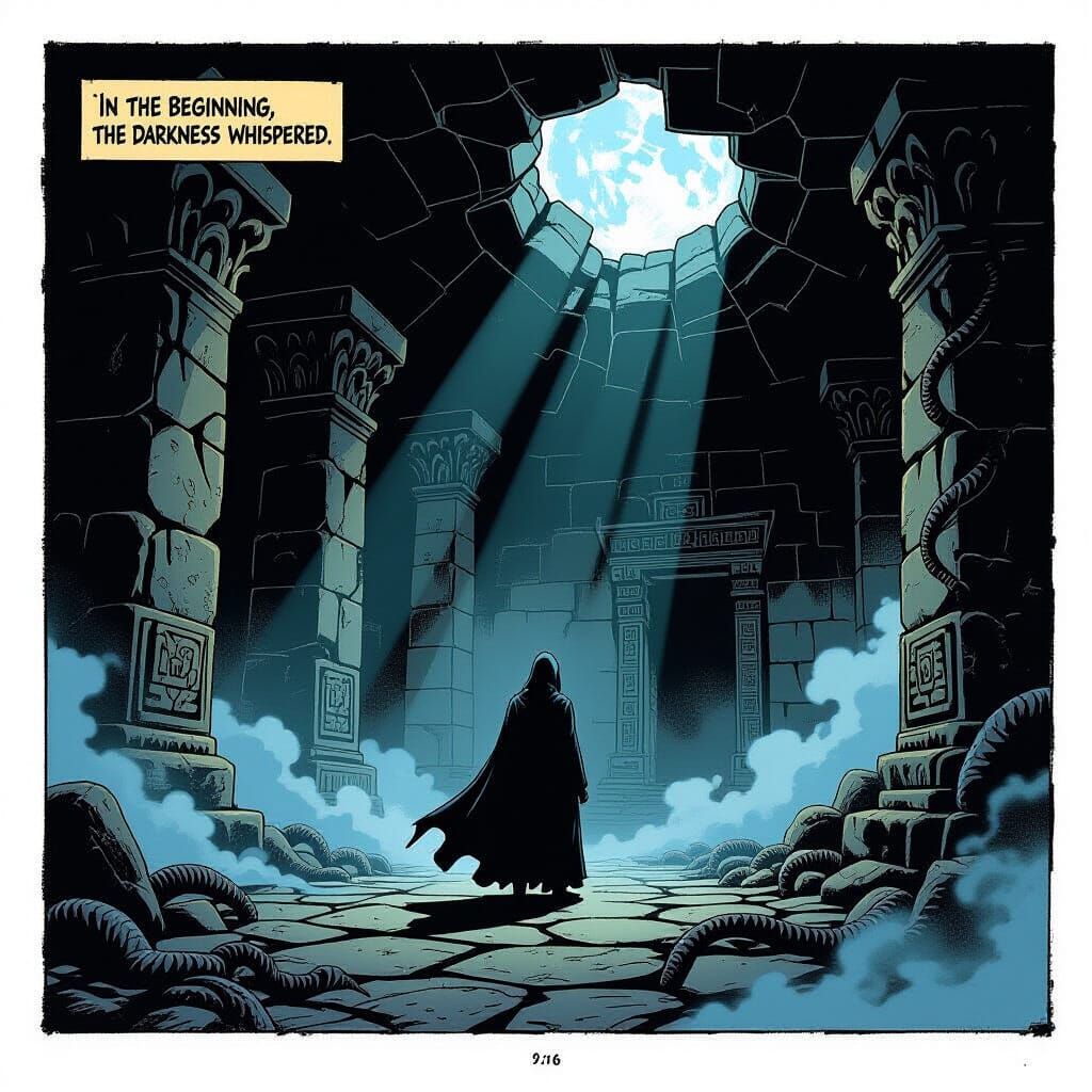 Dreamlike Horror Comic Panel: Prophet in Ruined Temple