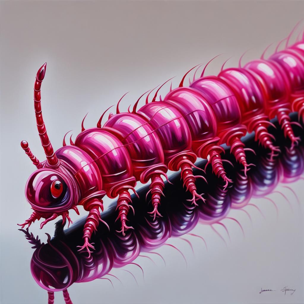 Hyperrealistic Pink and Ruby Centipede Oil Painting