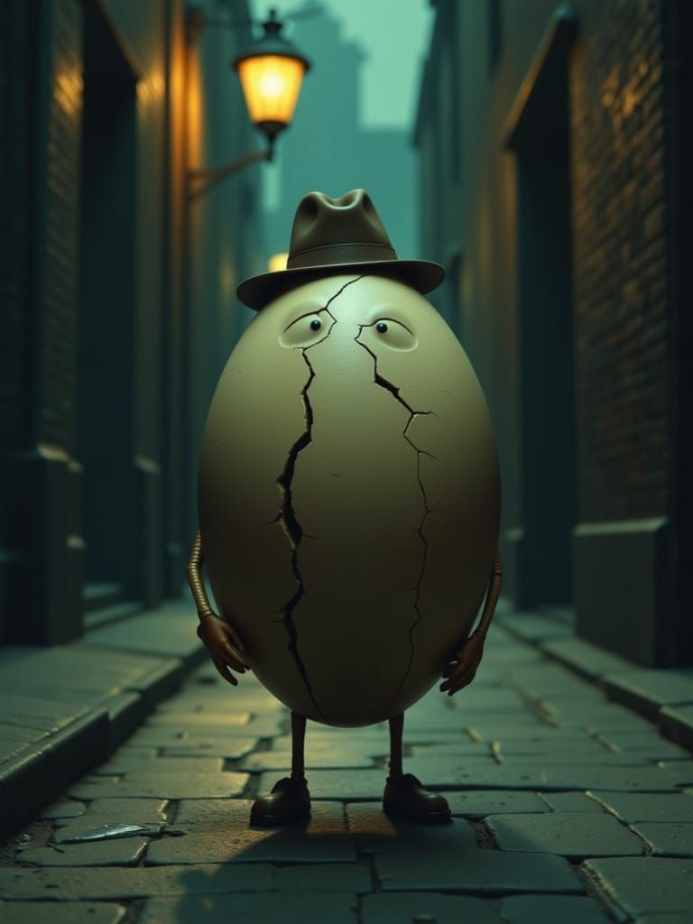 Detective Egg in Dimly Lit Street, Film Noir Style