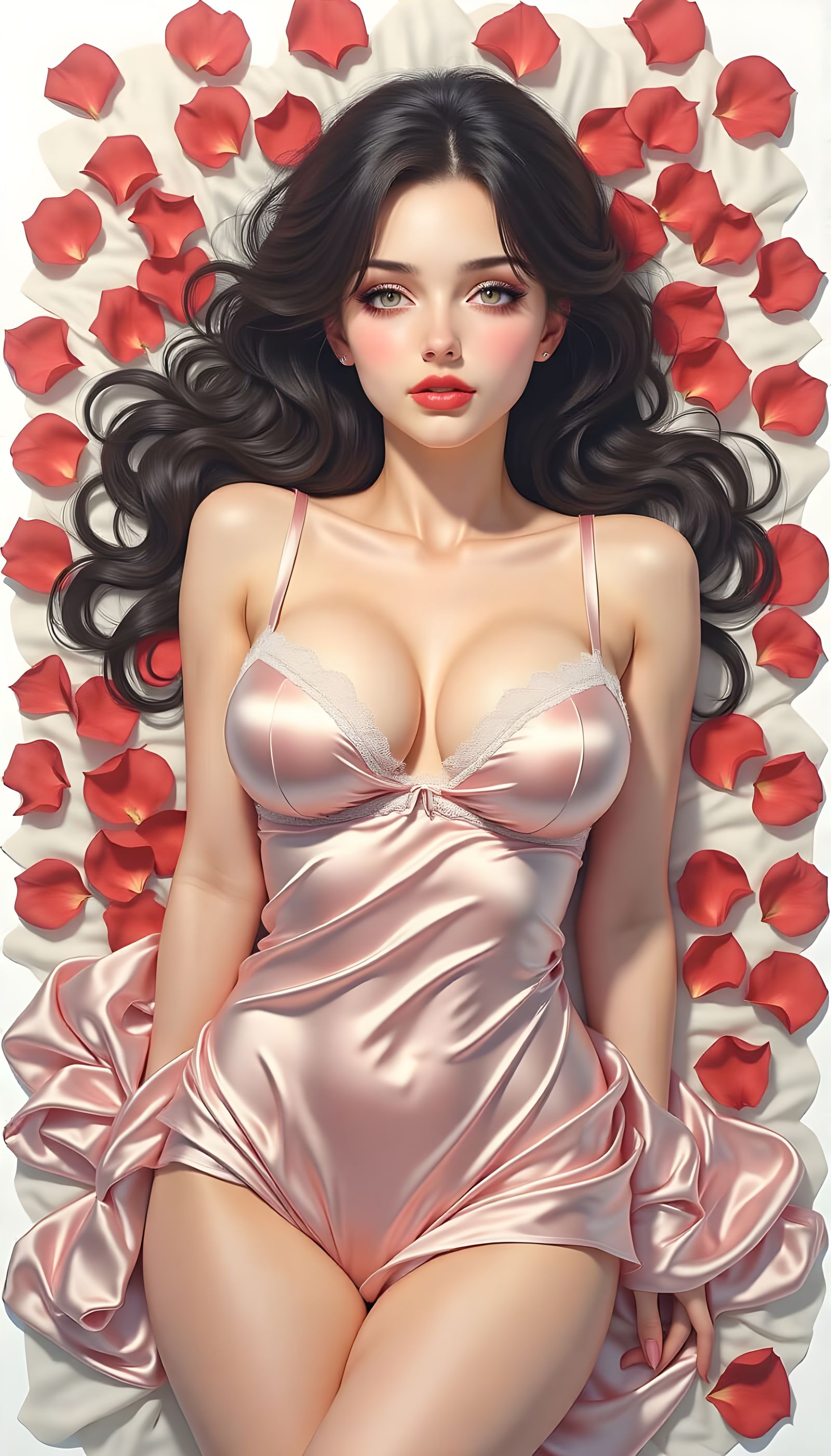 Alluring Woman in Satin Lying on Roses as Watercolour