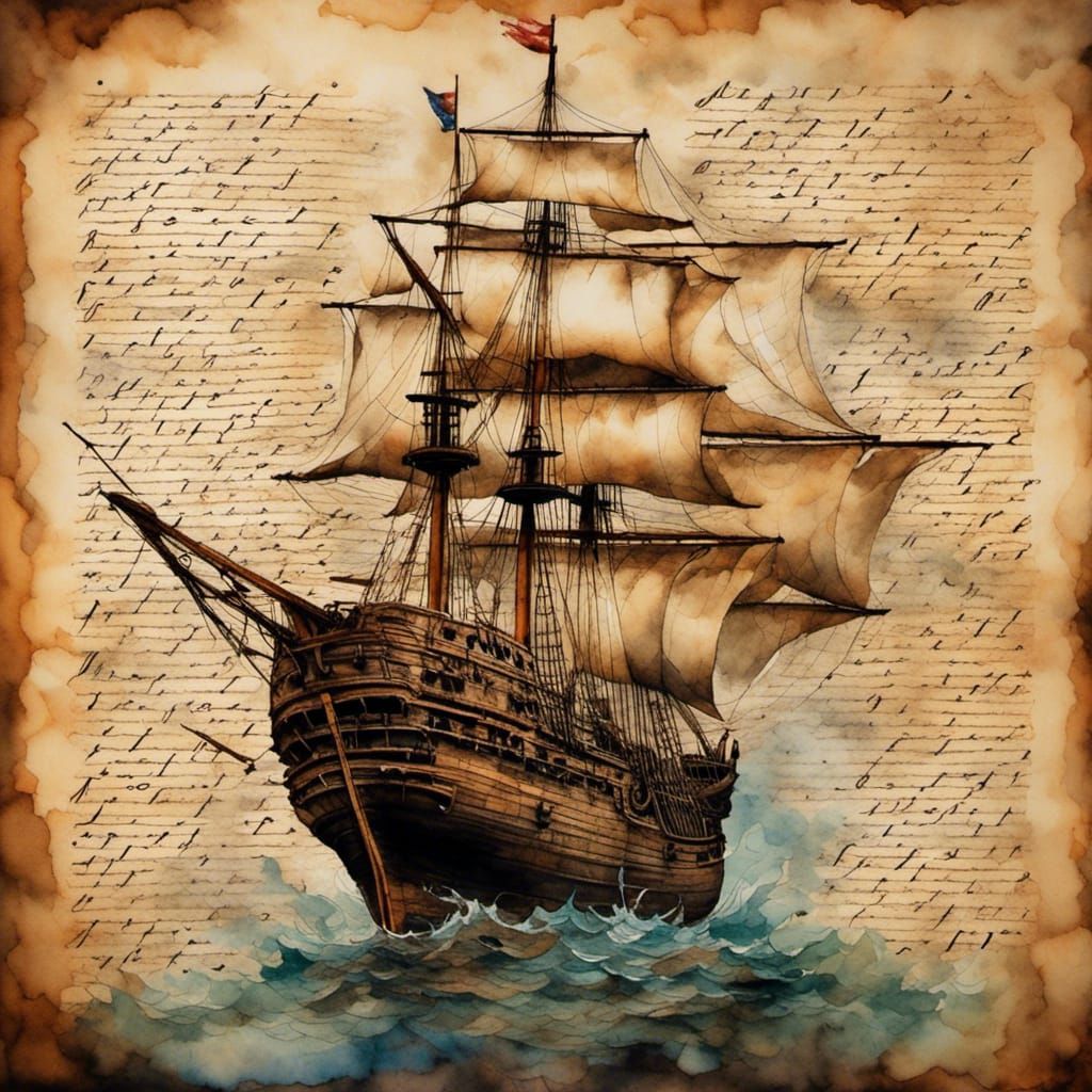 Calligraphy and Ship Double Exposure in Watercolor Style
