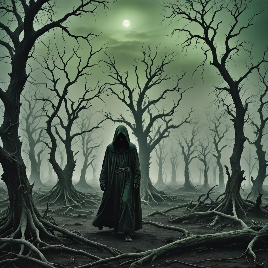 Ominous Death Figure in Twisted Landscape