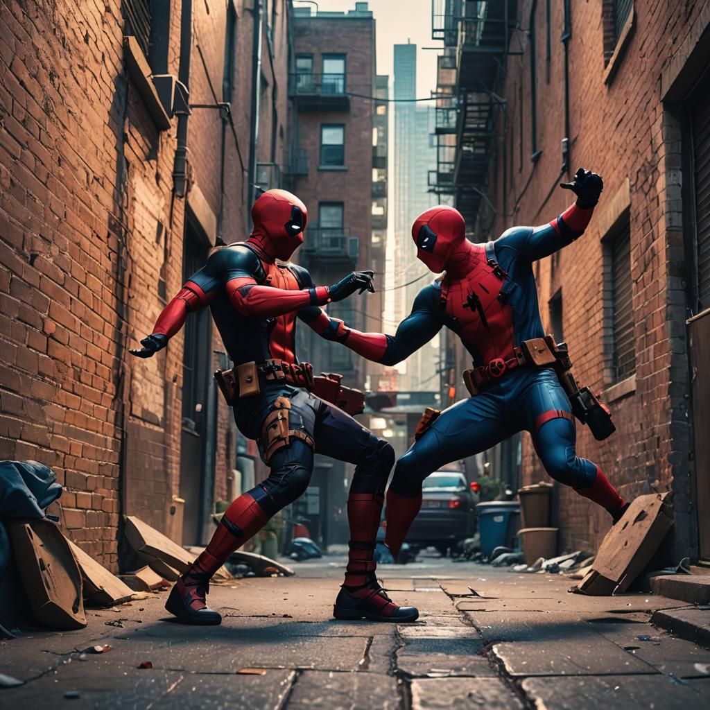 Deadpool and Spider-Man Superhero Showdown in City Alley
