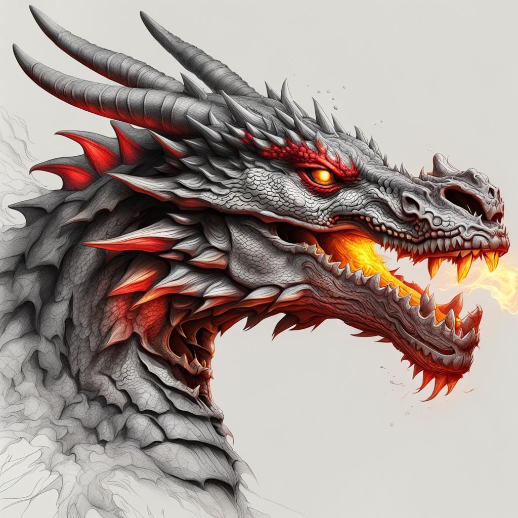 pencil sketch of a dragon's head spitting fire