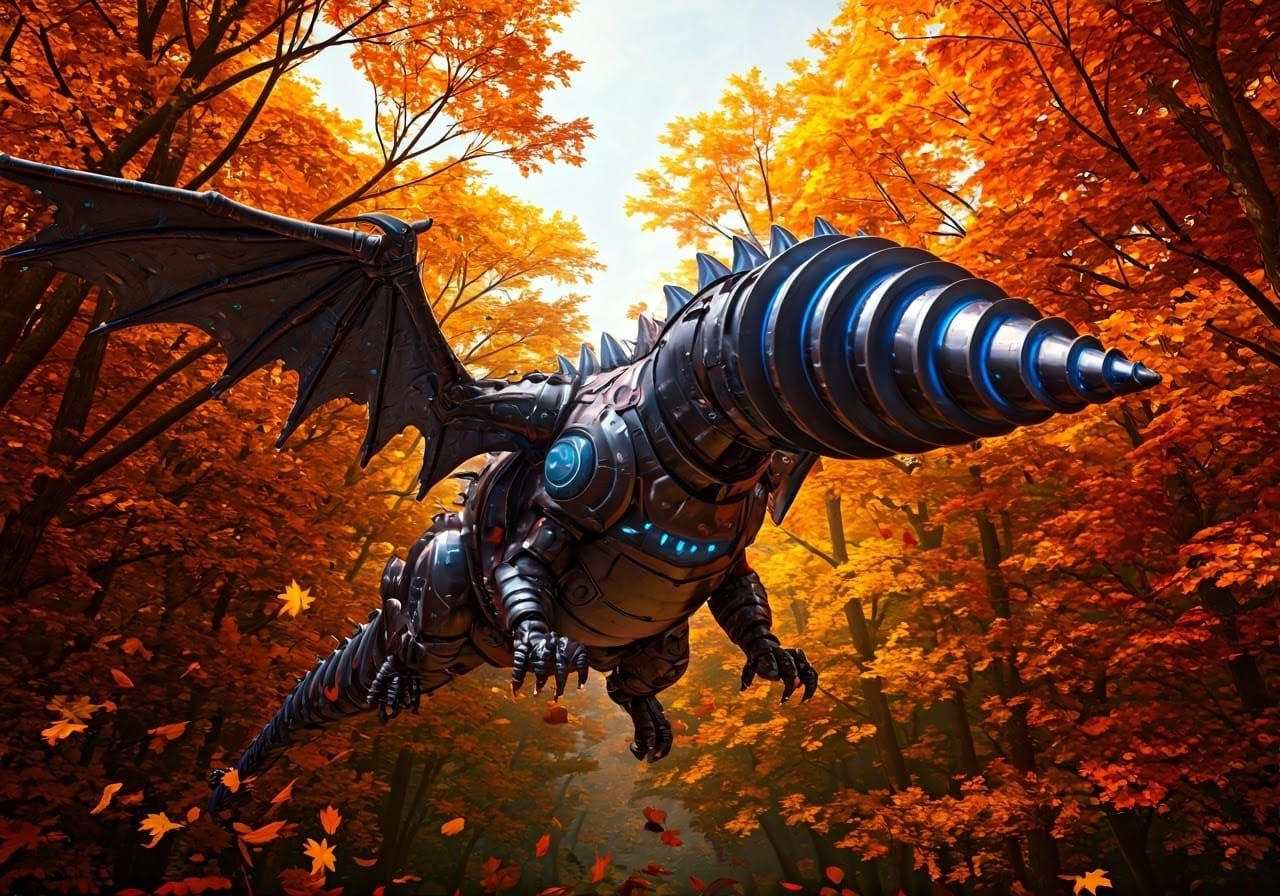 Metallic Drill Dragon Soaring Through Autumn Landscape