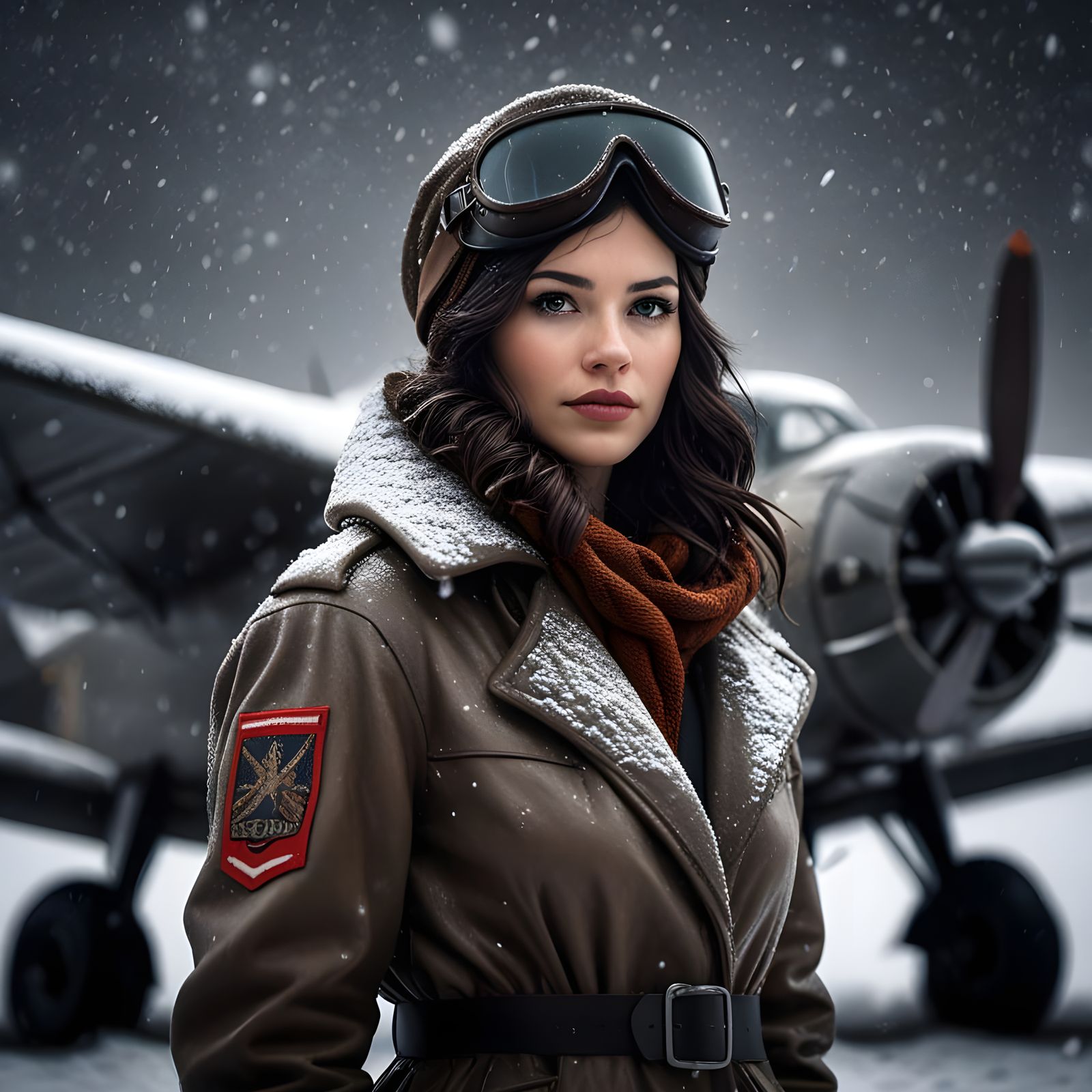 Brunette Pilot in 1930s Outfit, Snowstorm Scene
