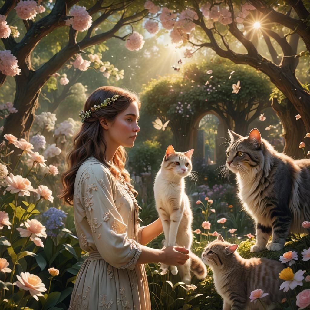 Woman in Sunlit Garden with Animals: Fantasy Art
