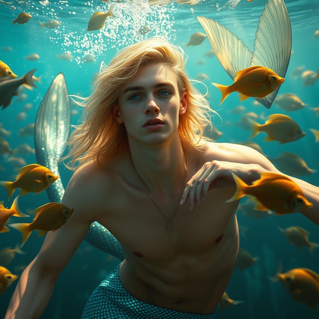 Ethereal Merman Swimming in a School of Iridescent Fish