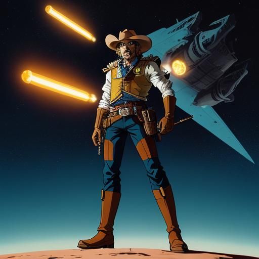 A Cinematic Space Western Anime Hero Poses in a Vibrant Spac...