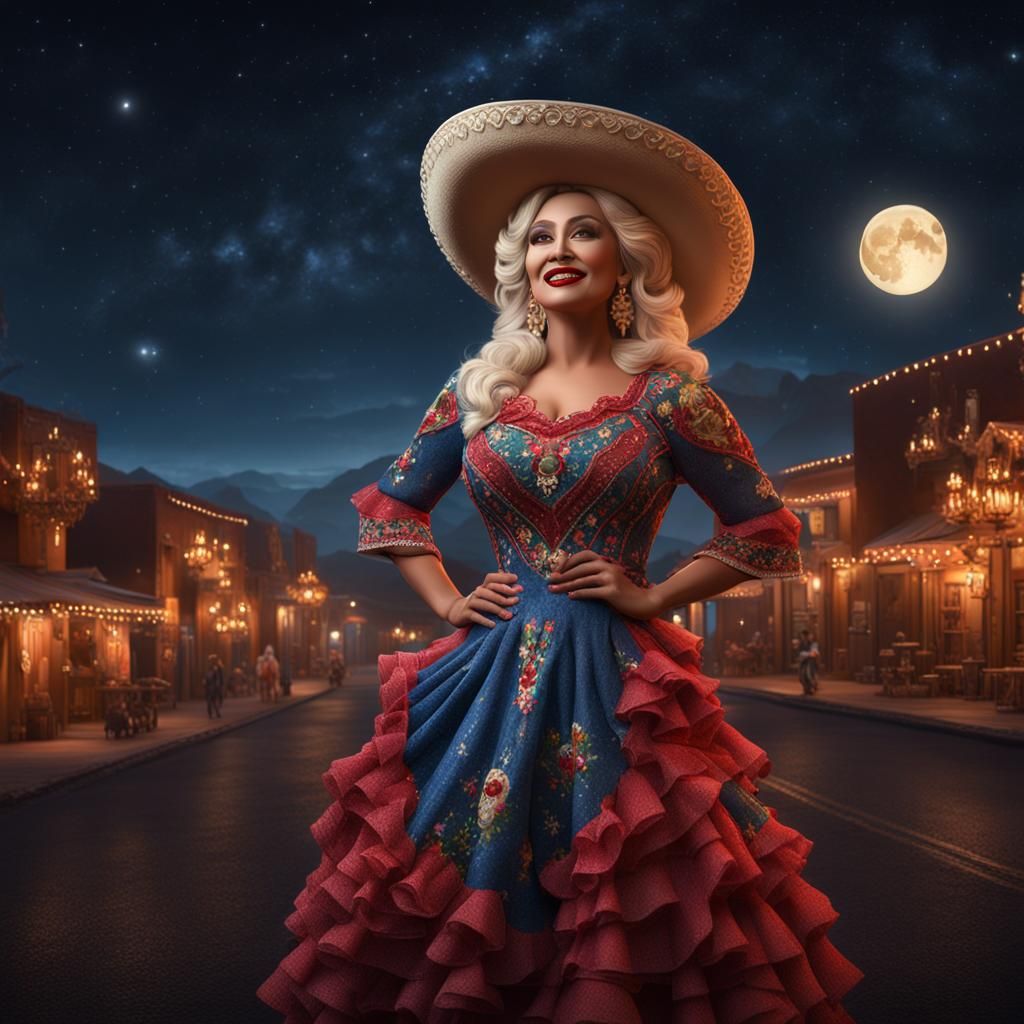 Hyperrealistic Mexican Woman as Dolly Parton at Night